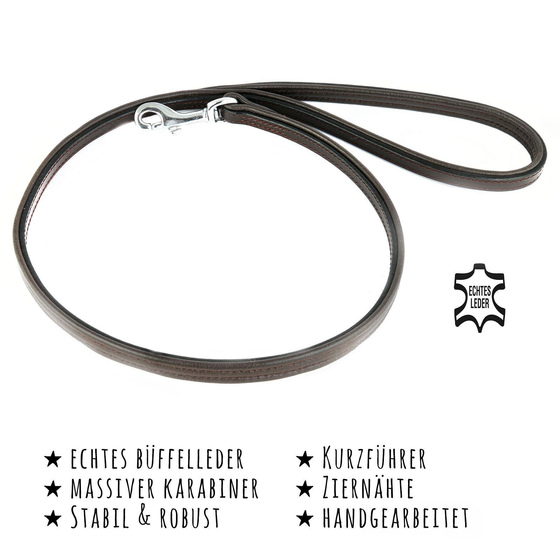 Das Bild mit Beschreibung zeigt eine Kurzfhrer Hundeleine aus echt Bffel Leder in der Farbe braun 1m lang