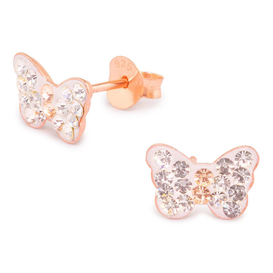 Auf dem Bild zu sehen sind Kinder Ohrringe Schmetterling Ohrstecker aus 925 Sterling Silver echt Silber mit 32 Kristallen rose Gold plattiert