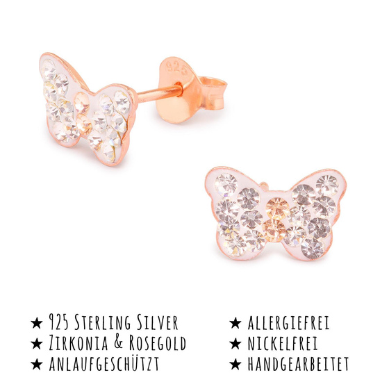 Das Bild mit Beschreibung zeigt Kinder Ohrringe Schmetterling Ohrstecker aus 925 Sterling Silver echt Silber mit 32 Kristallen rose Gold plattiert