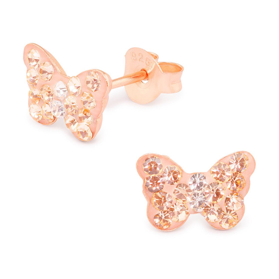 Auf dem Bild zu sehen sind Kinder Ohrringe Schmetterling Ohrstecker aus 925 Sterling Silver echt Silber mit 32 Kristallen rose Gold plattiert