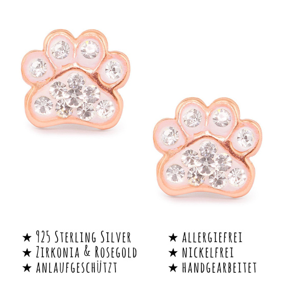 Das Bild mit Beschreibung zeigt Kinder Ohrringe Pfote Ohrstecker aus 925 Sterling Silver echt Silber mit 24 Kristallen rose Gold plattiert