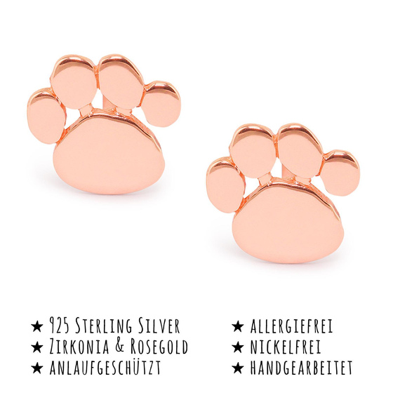 Das Bild mit Beschreibung zeigt Kinder Ohrringe Pfoten Ohrstecker aus 925 Sterling Silver echt Silber rose Gold plattiert