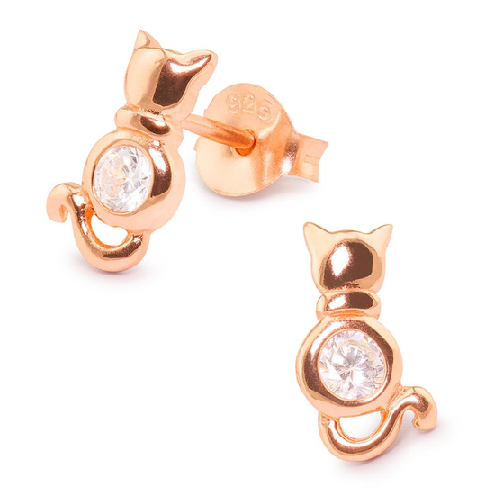 Auf dem Bild zu sehen sind Kinder Ohrringe Katzen Ohrstecker aus 925 Sterling Silver echt Silber mit 2 Kristallen rose Gold plattiert