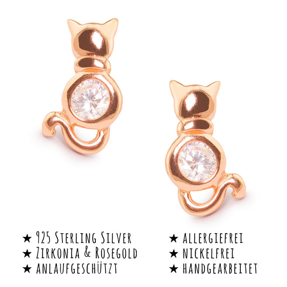 Das Bild mit Beschreibung zeigt Kinder Ohrringe Katzen Ohrstecker aus 925 Sterling Silver echt Silber mit 2 Kristallen rose Gold plattiert