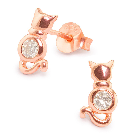 Auf dem Bild zu sehen sind Kinder Ohrringe Katzen Ohrstecker aus 925 Sterling Silver echt Silber mit 2 Kristallen rose Gold plattiert