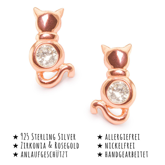 Das Bild mit Beschreibung zeigt Kinder Ohrringe Katzen Ohrstecker aus 925 Sterling Silver echt Silber mit 2 Kristallen rose Gold plattiert