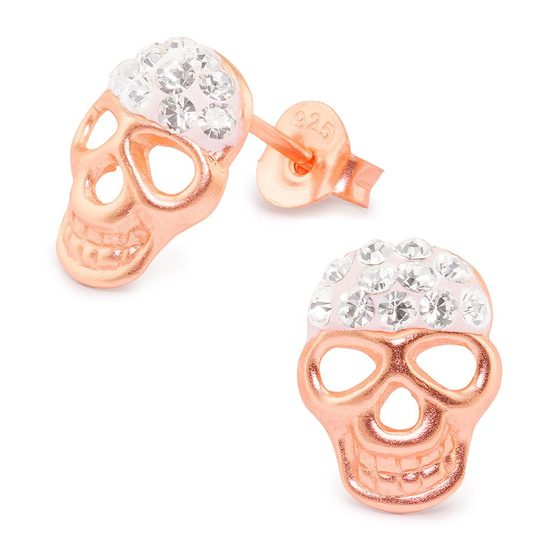 Auf dem Bild zu sehen sind Kinder Ohrringe Totenkopf Ohrstecker aus 925 Sterling Silver echt Silber mit 22 Kristallen rose Gold plattiert