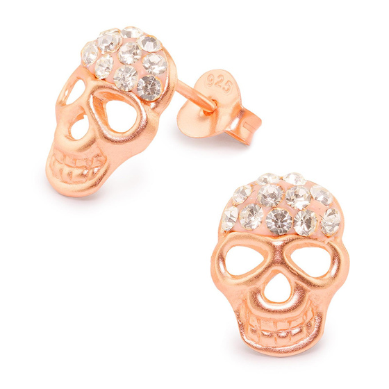 Auf dem Bild zu sehen sind Damen Ohrringe Totenkopf Ohrstecker aus 925 Sterling Silver echt Silber mit 22 Kristallen rose Gold plattiert