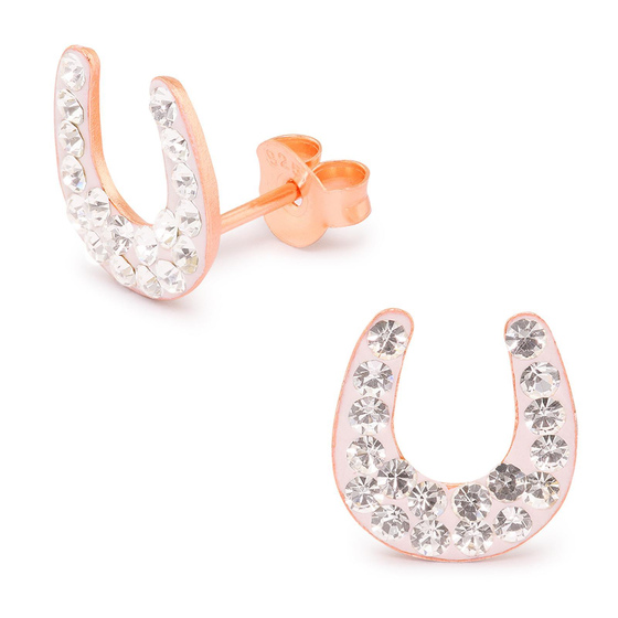 Auf dem Bild zu sehen sind Kinder Ohrringe Hufeisen Glcksbringer Ohrstecker aus 925 Sterling Silver echt Silber mit 36 Kristallen rose Gold plattiert