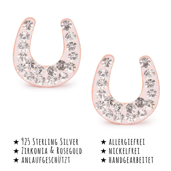 Das Bild mit Beschreibung zeigt Kinder Ohrringe Hufeisen Glcksbringer Ohrstecker aus 925 Sterling Silver echt Silber mit 36 Kristallen rose Gold plattiert