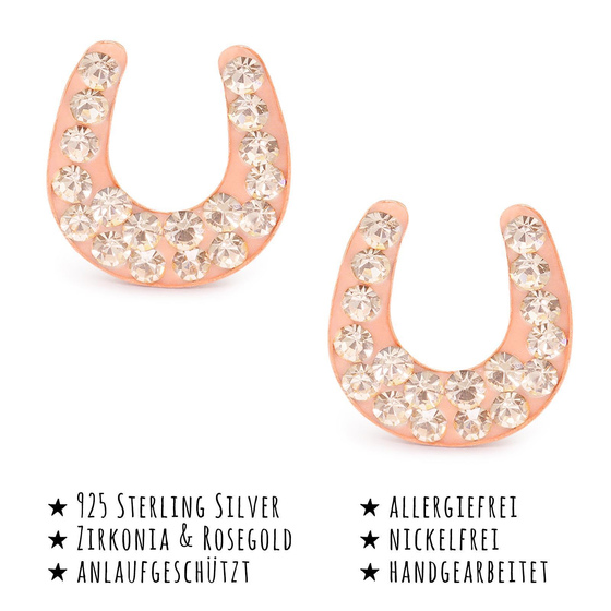 Das Bild mit Beschreibung zeigt Damen Ohrringe Hufeisen Glcksbringer Ohrstecker aus 925 Sterling Silver echt Silber mit 36 Kristallen rose Gold plattiert