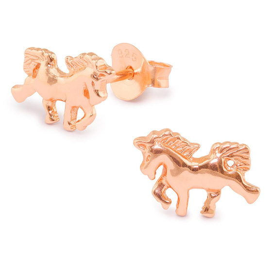 Auf dem Bild zu sehen sind Damen Ohrringe Einhorn Ohrstecker aus 925 Sterling Silver echt Silber mit rose Gold plattiert