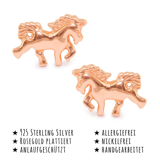 Das Bild mit Beschreibung zeigt Damen Ohrringe Einhorn Ohrstecker aus 925 Sterling Silver echt Silber mit rose Gold plattiert