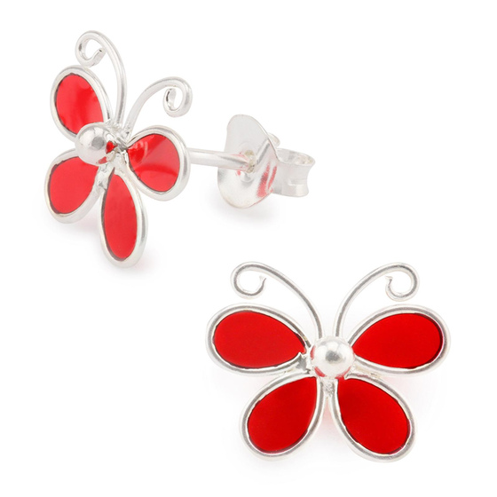 Auf dem Bild zu sehen sind Kinder Ohrringe Schmetterling Ohrstecker aus 925 Sterling Silver echt Silber mit Roter Emaille