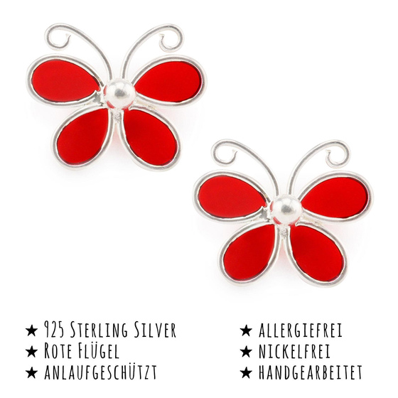 Das Bild mit Beschreibung zeigt Kinder Ohrringe Schmetterling Ohrstecker aus 925 Sterling Silver echt Silber mit Roter Emaille