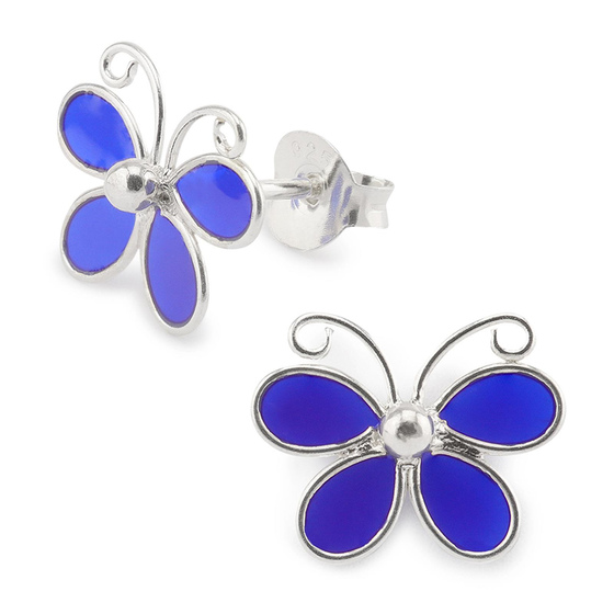 Auf dem Bild zu sehen sind Kinder Ohrringe Schmetterling Ohrstecker aus 925 Sterling Silver echt Silber mit Blauer Emaille