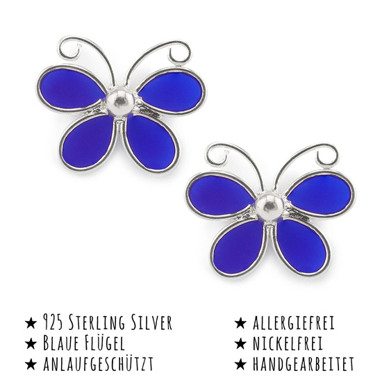Das Bild mit Beschreibung zeigt Kinder Ohrringe Schmetterling Ohrstecker aus 925 Sterling Silver echt Silber mit Blauer Emaille