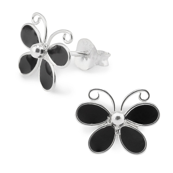 Auf dem Bild zu sehen sind Kinder Ohrringe Schmetterling Ohrstecker aus 925 Sterling Silver echt Silber mit Schwarzer Emaille