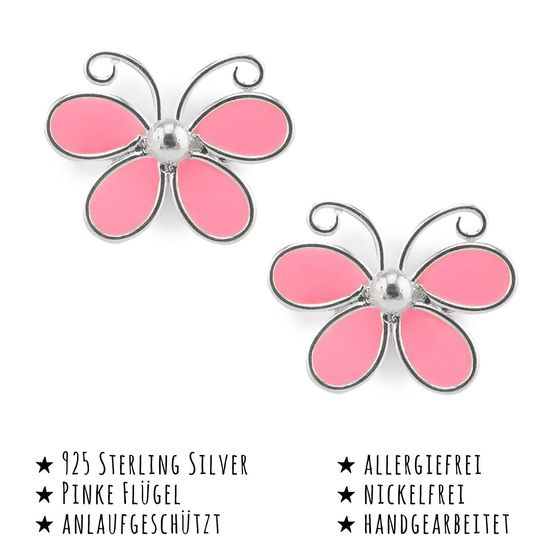 Das Bild mit Beschreibung zeigt Kinder Ohrringe Schmetterling Ohrstecker aus 925 Sterling Silver echt Silber mit Rose Emaille