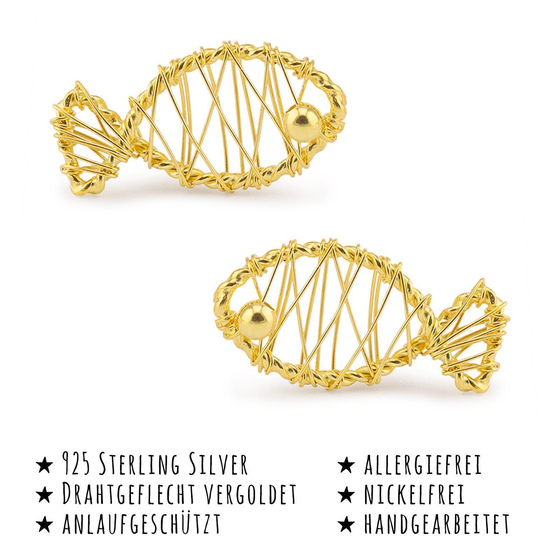 Das Bild mit Beschreibung zeigt Damen Ohrringe Fisch Ohrstecker aus 925 Sterling Silver echt Silber mit Drahtgeflecht 18K Gold plattiert