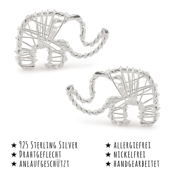 Das Bild mit Beschreibung zeigt Damen Ohrringe Elefant Ohrstecker aus 925 Sterling Silver echt Silber mit Drahtgeflecht