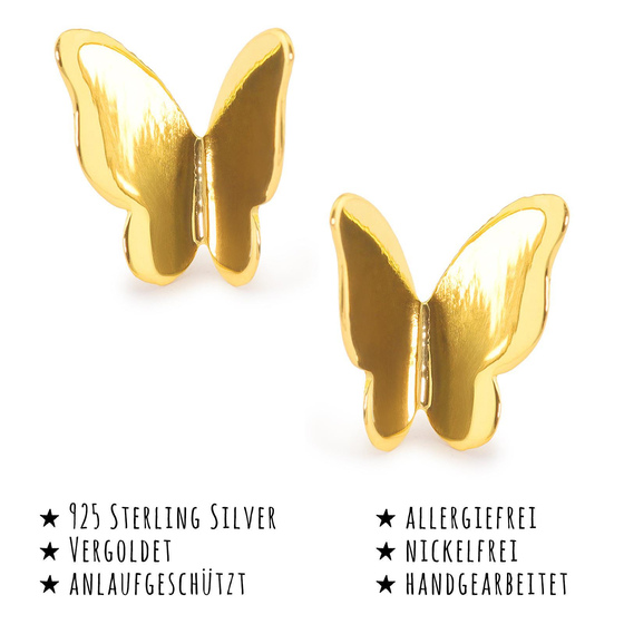 Das Bild mit Beschreibung zeigt Damen Ohrringe Schmetterling Ohrstecker aus 925 Sterling Silver echt Silber mit 3D 18K Gold plattiert