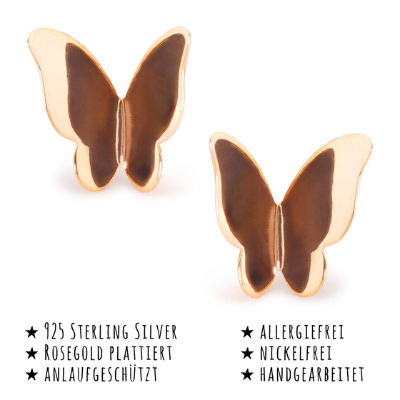 Das Bild mit Beschreibung zeigt Damen Ohrringe Schmetterling Ohrstecker aus 925 Sterling Silver echt Silber mit 3D 18K rose Gold plattiert