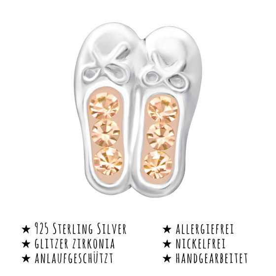 Das Bild mit Beschreibung zeigt Kinder Ohrringe Schuhe Ballerina Ohrstecker aus 925 Sterling Silver echt Silber mit 12 Kristallen