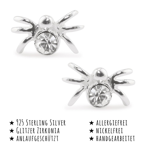 Das Bild mit Beschreibung zeigt Damen Ohrringe Spinne Ohrstecker aus 925 Sterling Silver echt Silber mit Kristallen