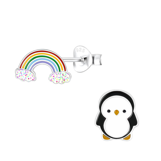 Pinguin und Regenbogen Kinder Ohrringe 925 Silber