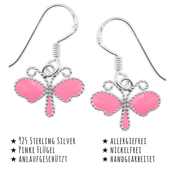Das Bild mit Beschreibung zeigt Damen Ohrringe Libelle Ohrh�nger aus 925 Sterling Silver echt Silber mit Emaille Pink