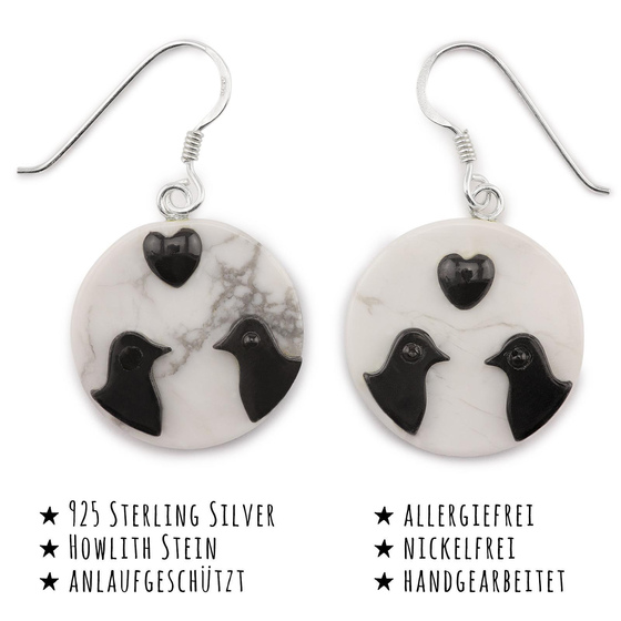 Das Bild mit Beschreibung zeigt Damen Ohrringe Vogel Liebe Ohrhnger aus 925 Sterling Silver echt Silber mit Howlith Stein Schwarz