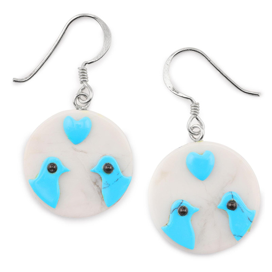 Auf dem Bild zu sehen sind Damen Ohrringe Vogel Liebe Ohrhnger aus 925 Sterling Silver echt Silber mit Howlith Stein Trkis