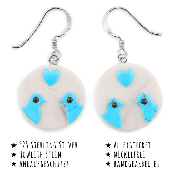 Das Bild mit Beschreibung zeigt Damen Ohrringe Vogel Liebe Ohrhnger aus 925 Sterling Silver echt Silber mit Howlith Stein Trkis
