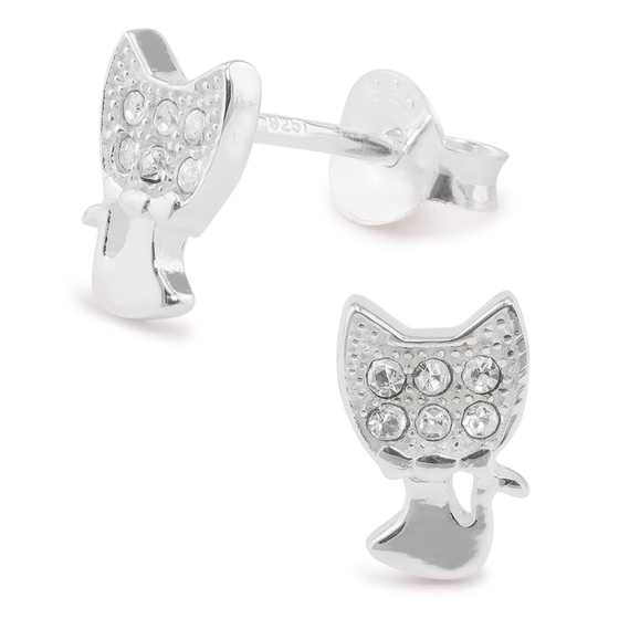Auf dem Bild zu sehen sind Kinder Ohrringe Katze Ohrstecker aus 925 Sterling Silver echt Silber mit Kristallen