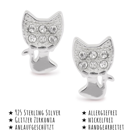 Das Bild mit Beschreibung zeigt Kinder Ohrringe Katze Ohrstecker aus 925 Sterling Silver echt Silber mit Kristallen
