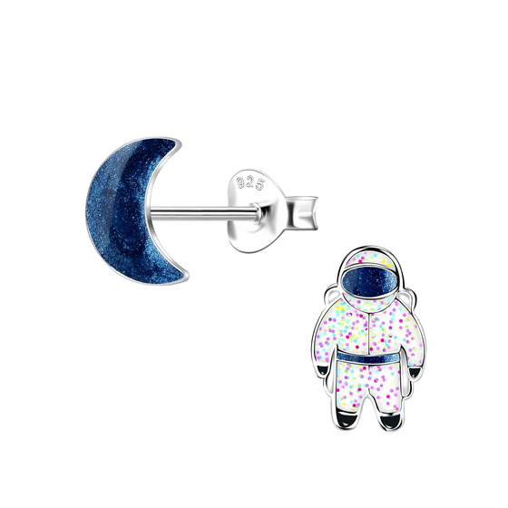 Astronaut und Mond Kinder Ohrringe 925 Silber