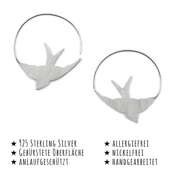 Das Bild mit Beschreibung zeigt Kinder Ohrringe Vogel Schwalbe Creolen aus 925 Sterling Silver echt Silber Matt