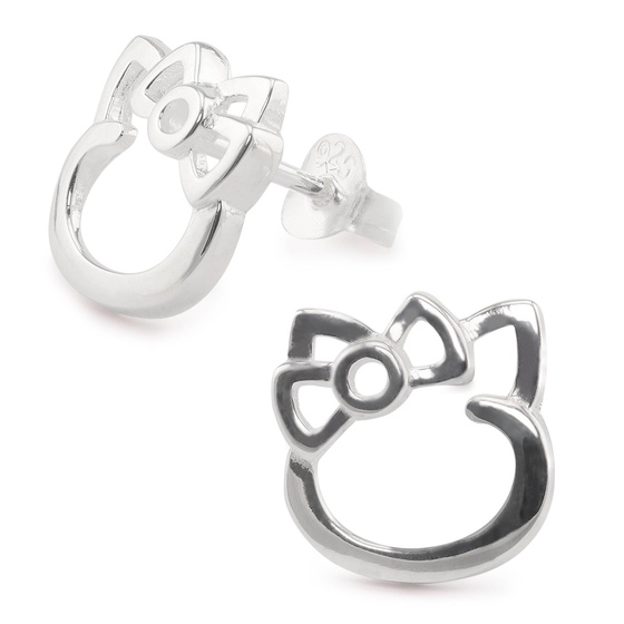 Auf dem Bild zu sehen sind Kinder Ohrringe Katze Ohrstecker aus 925 Sterling Silver echt Silber mit Schleife