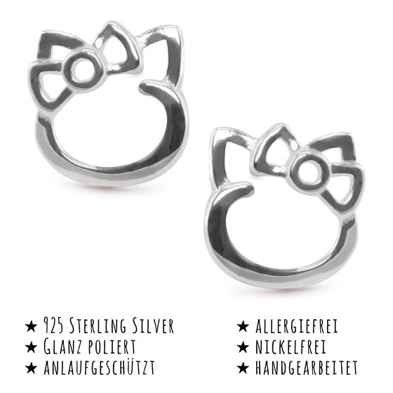 Das Bild mit Beschreibung zeigt Kinder Ohrringe Katze Ohrstecker aus 925 Sterling Silver echt Silber mit Schleife