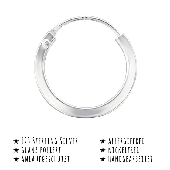 Das Bild mit Beschreibung zeigt Damen Ohrringe Creolen aus 925 Sterling Silver echt Silber mit Durchmesser 14mm