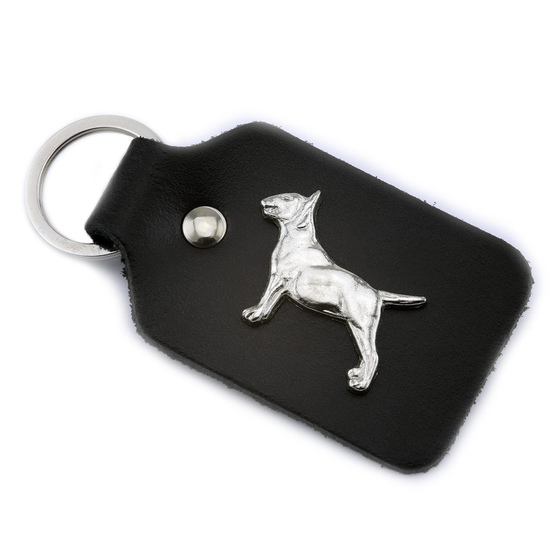 Auf dem Bild zu sehen ist ein Bullterrier Hund aus Leder als Schlsselanhnger Figur