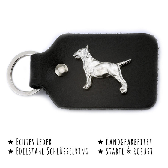 Das Bild mit Beschreibung zeigt ein Bullterrier Hund aus Leder