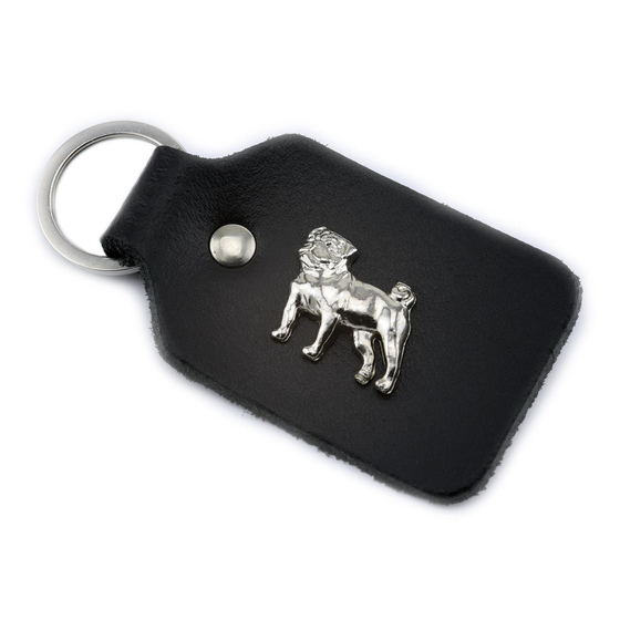 Auf dem Bild zu sehen ist ein Mops Hund aus Leder als Schlsselanhnger Figur