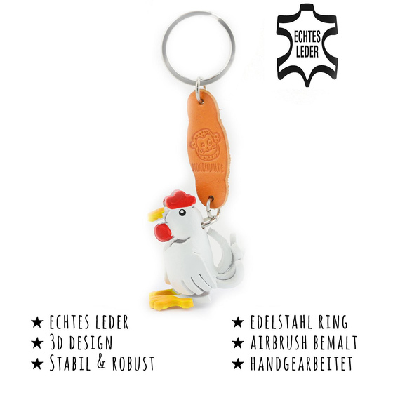 Das Bild mit Beschreibung zeigt ein Huhn aus Leder