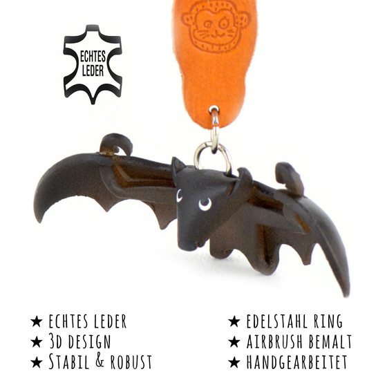 Das Bild mit Beschreibung zeigt eine Fledermaus aus Leder