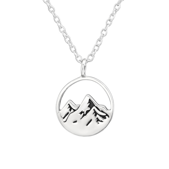Auf dem Bild zu sehen sind Kinder Kette Berg Panorama Anhänger aus 925 Sterling Silver echt Silber mit 45cm