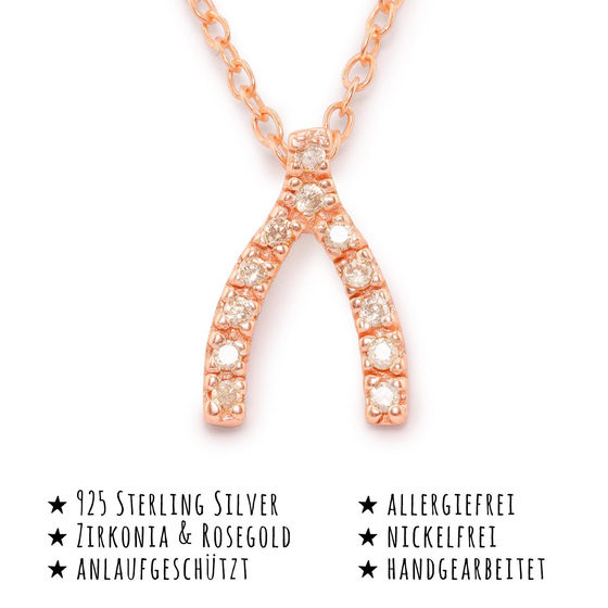 Das Bild mit Beschreibung zeigt Kette Wnschelruten Glcksbringer aus 925 Sterling Silver echt Silber mit 11 Kristallen rose Gold plattiert 45cm