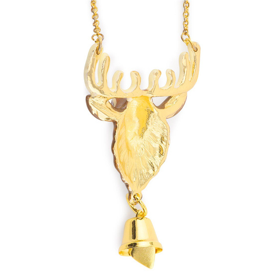 Das Bild mit Beschreibung zeigt eine Damen Kette mit Elch aus Messing Gold plattiert mit 78cm lnge braun handbemalt