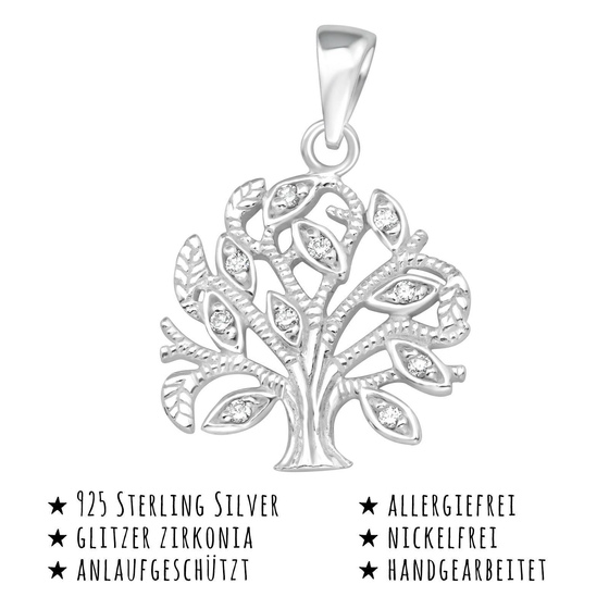 Das Bild mit Beschreibung zeigt Damen Anh�nger Lebensbaum aus 925 Sterling Silver echt Silber mit 10 Kristallen